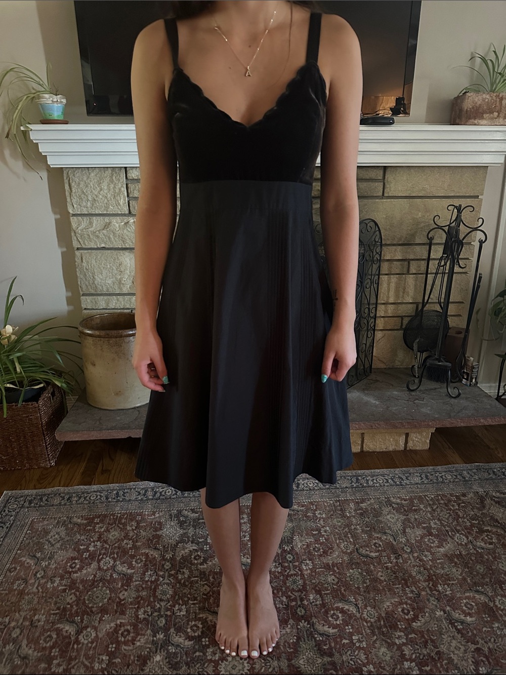 Moulinette Soeurs Black Scalloped Velvet Bodice Midi Dress